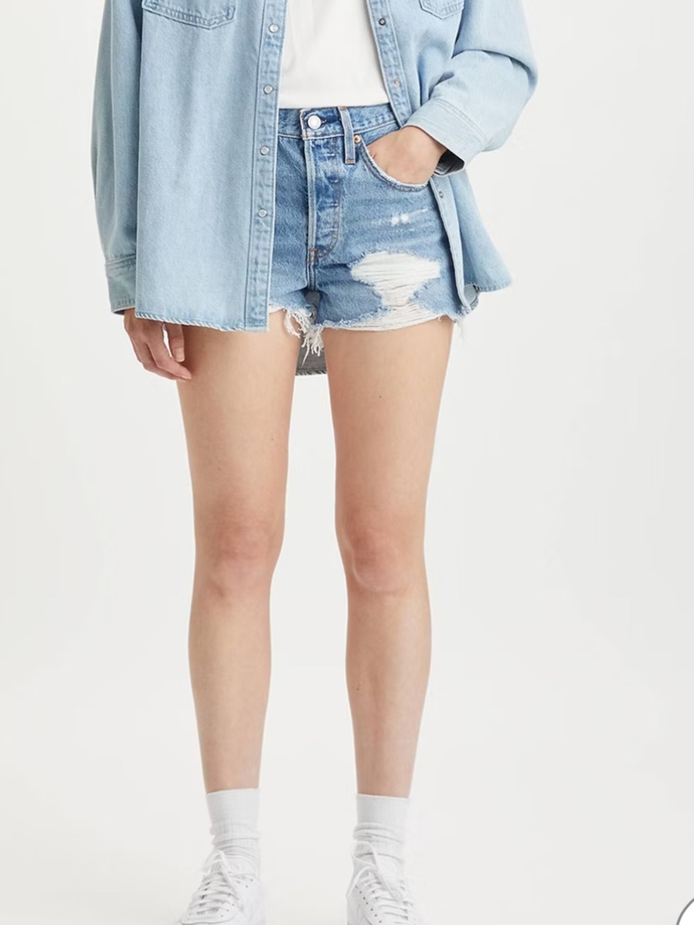 Levi's Women's 501 High Rise Fitted Through Blue Denim Cutoff Shorts - Picture 2 of 7